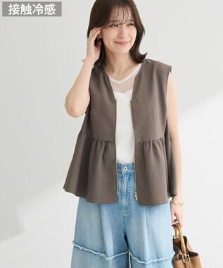 Green Parks 麻調ペプラムｚｉｐベスト Brown