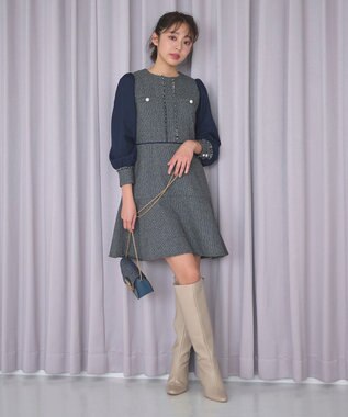 Feroux 【洗える】ツイードコンビミディ ワンピース ネイビー系