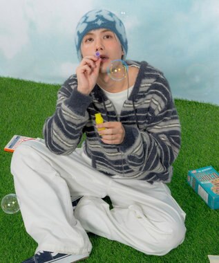 WEGO 【ユニセックス着用ITEM】シャギーボーダーニットパーカー ネイビー