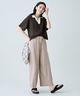 ANY ラミータッチバイカラーポロ衿スキッパーニット ブラウン