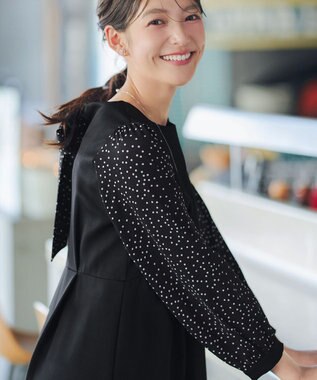 Tiaclasse L ドット柄コンビバックリボンタックワンピース ブラック