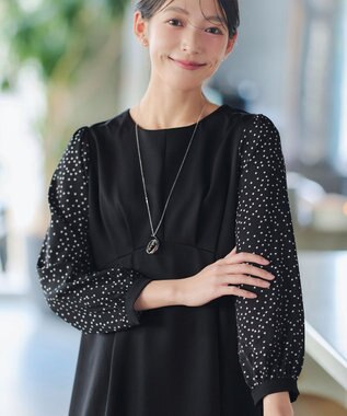 Tiaclasse L ドット柄コンビバックリボンタックワンピース ブラック