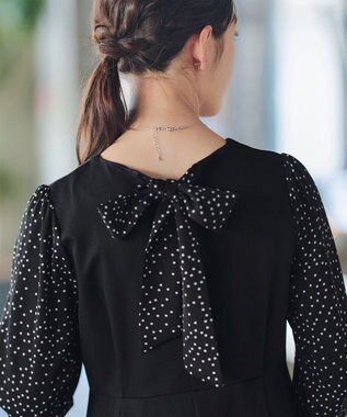 Tiaclasse L ドット柄コンビバックリボンタックワンピース ブラック