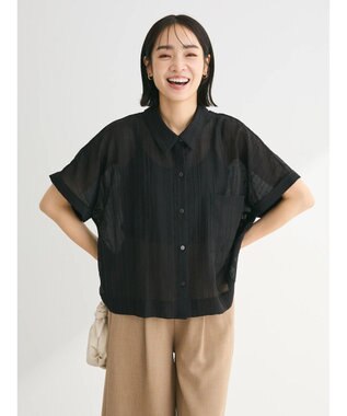 Green Parks シアーストライプショート丈シャツ Black