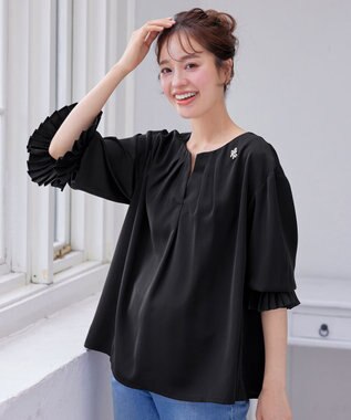 Tiaclasse L 【洗える】プリーツスリーブブラウス ブラック