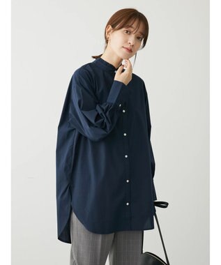 Green Parks イージーケアスタンドフリルシャツチュニック Navy