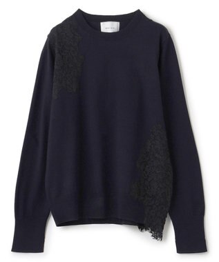 BEIGE， 【ご好評により新色追加！洗える】WILLOW / アシンメトリーレースクルーネックニット Navy×Black