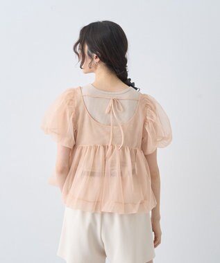 earth music&ecology ＳＥＴ２点チュールバルーンブラウス＋ロゴタンク Pink Beige