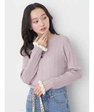 earth music&ecology 配色フリルニットプルオーバー Pink Beige