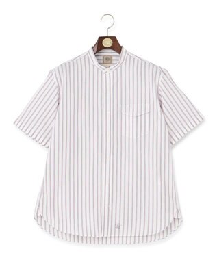 J.PRESS MEN 【クールマックス】サッカー マルチストライプ バンドカラーシャツ パープル系1