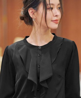 Tiaclasse L 【スマート裏起毛・洗える】フリルチュニック ブラック