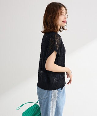 Green Parks 透かし編みＺＩＰニットベスト Black