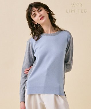 BEIGE， 【WEB限定・洗える】ROGAN / バイカラーウールクルーネックニット Sax x L Gray