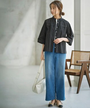 組曲 【WEB限定カラーあり】エンブロイダリーレース フレアスリーブブラウス ブラック系