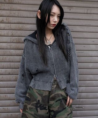 WEGO ダメージニットジップパーカー スミクロ