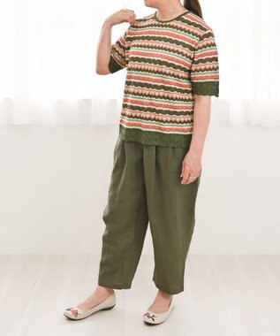 muuc 〈高品質シルク100%〉透かしレース編み シルクマルチボーダー半袖プルオーバー グリーンオレンジ