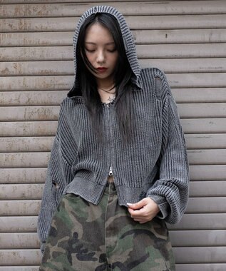 WEGO ダメージニットジップパーカー スミクロ