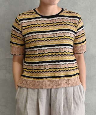 muuc 〈高品質シルク100%〉透かしレース編み シルクマルチボーダー半袖プルオーバー ブロンズブラック