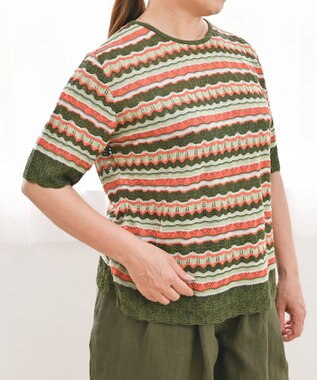 muuc 〈高品質シルク100%〉透かしレース編み シルクマルチボーダー半袖プルオーバー グリーンオレンジ