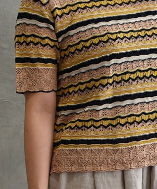 muuc 〈高品質シルク100%〉透かしレース編み シルクマルチボーダー半袖プルオーバー ブロンズブラック