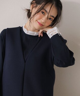 23区 S 【洗える】ヴィスコースストレッチ レースコンビ ニット ネイビー系