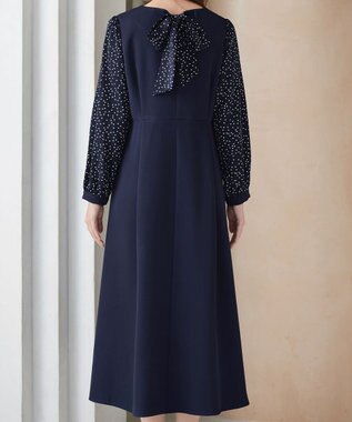 Tiaclasse L ドット柄コンビバックリボンタックワンピース ネイビー
