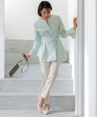 23区 CANCLINI スキッパーベルト付き ブラウス ミントストライプ