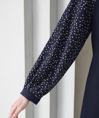 Tiaclasse L ドット柄コンビバックリボンタックワンピース ネイビー