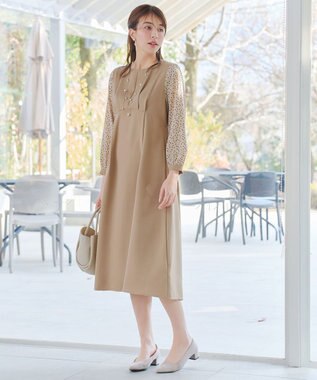 Tiaclasse L ドット柄コンビバックリボンタックワンピース ベージュ