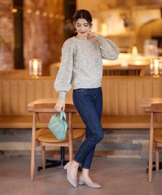 Tiaclasse 【ウール混】パフスリーブファンシーヤーンニットトップス グレージュ