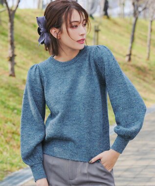 Tiaclasse L 【ウール混】パフスリーブファンシーヤーンニットトップス ブルー