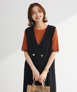 Green Parks 袖レイヤー５分袖ニットプルオーバー Orange