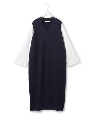 ICB L 【洗える】 クロスコンビ ニットワンピース ネイビー系