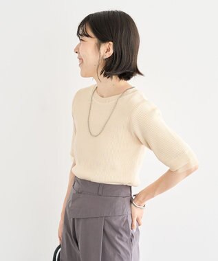 Green Parks 袖レイヤー５分袖ニットプルオーバー Ivory