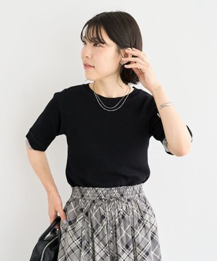 Green Parks 袖レイヤー５分袖ニットプルオーバー Black