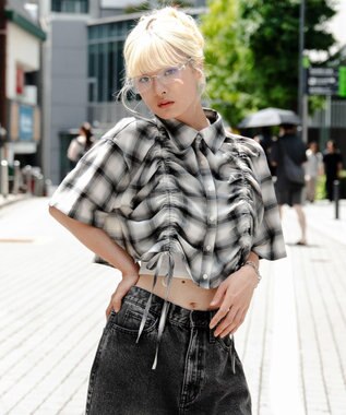 WEGO ドロストチェックシャツ(S) ホワイト