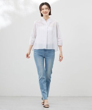 J.PRESS LADIES 【洗える】ランダムストライプ スタンドカラー  ブラウス オフ×ライムストライプ系