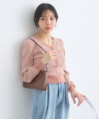 earth music&ecology マイクロボーダーＶネックコンパクトカーディガン Pink Orange