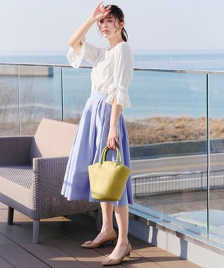 Tiaclasse 【選べる丈】麻調タックフレアスカート 膝丈サックス