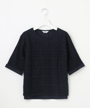 J.PRESS LADIES L 【一枚で着映え・シーンレスに活躍】レーシーコンビ クルーネック カットソー ネイビー系