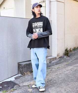 WEGO フェイクレイヤードグラフィックT（LS） グレーボーダー