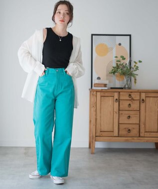 WEGO カラーウエストフィットワイドストレートパンツ グリーン