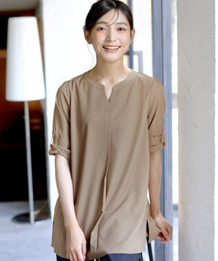 Tiaclasse 【選べる2Type】スキッパーシャツチュニック 長袖ベージュ