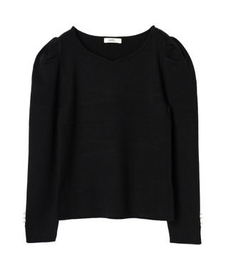 earth music&ecology ハートネック袖パールニットプルオーバー Black
