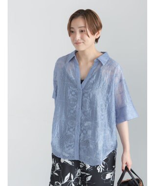 Te chichi カットワーク刺繍5分袖スキッパーシャツ サックスブルー