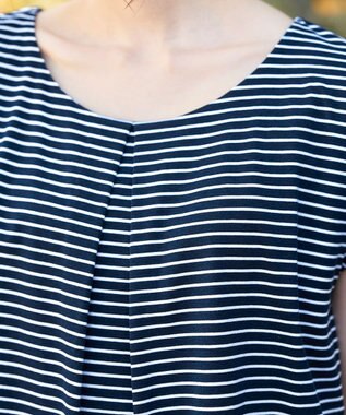 Tiaclasse 【洗える】 異素材を組み合わせたバックシャンカットチュニックブラウス ネイビーボーダー