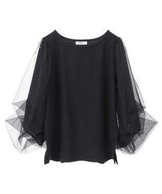 earth music&ecology キラキラストーンパールチュールスリーブプルオーバー Black