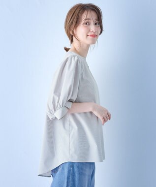 ANY 【抗菌防臭/速乾/手洗い可】エニィファンクション パフスリーブブラウス グレーストライプ