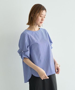 YECCA VECCA パールタックスリーブブラウス Stripe