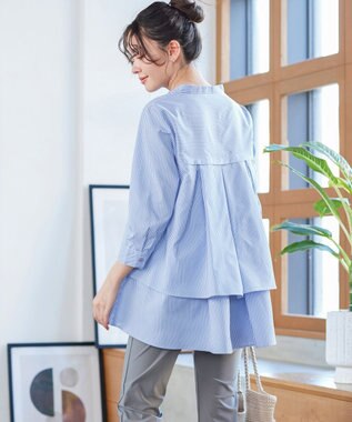 Tiaclasse バックタックフレアチュニック サックスストライプ